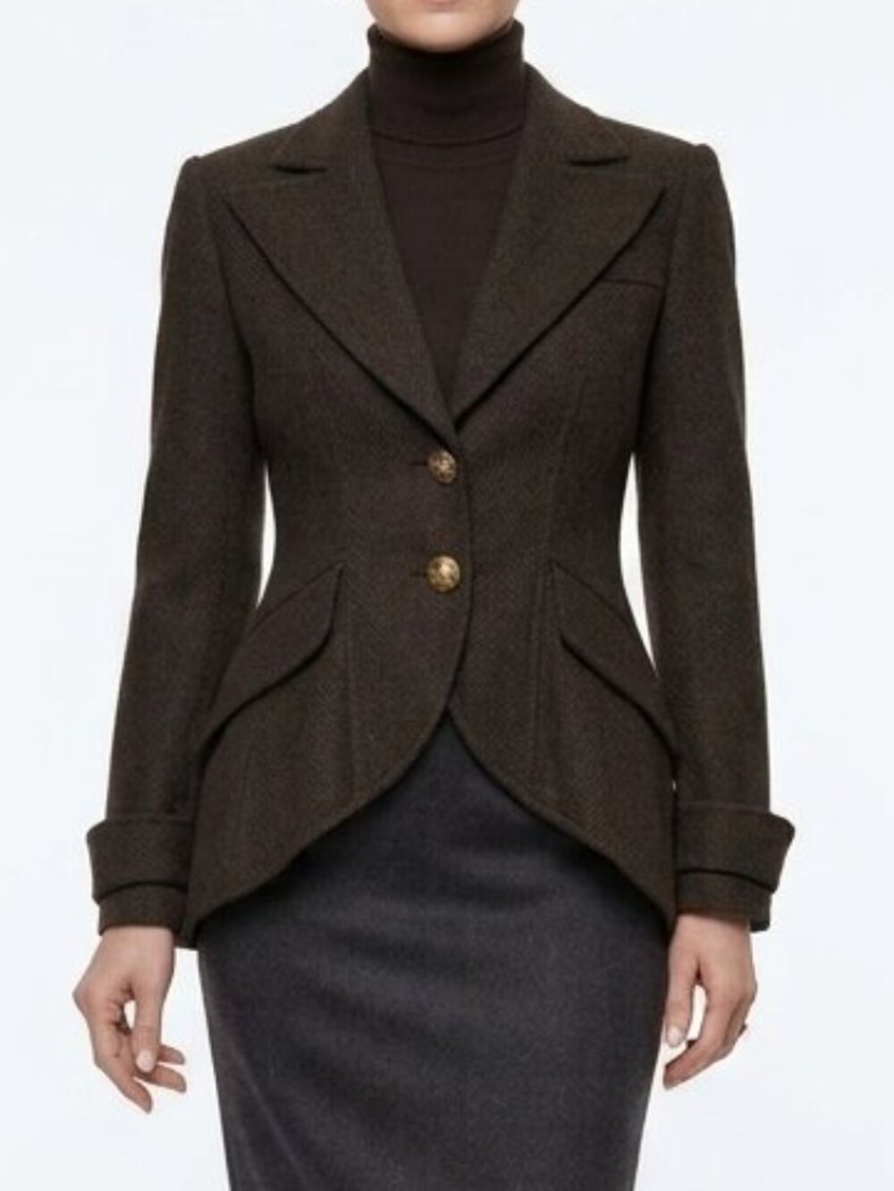 Franco Mirabelli Dark Brown Wool Victorian High-Low Crest Blazer - 6